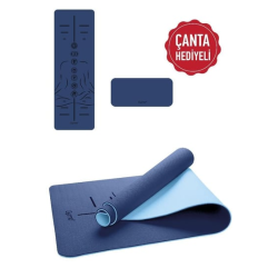 Gymo Sembol Hizalamalı 6mm TPE Yoga Matı Pilates Minderi Diz Dirsek Koruyucu Matlı Set Mavi