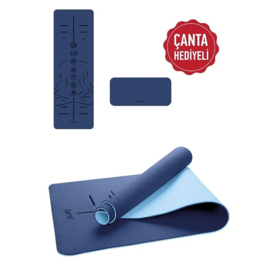 Gymo Sembol Hizalamalı 6mm TPE Yoga Matı Pilates Minderi Diz Dirsek Koruyucu Matlı Set Mavi